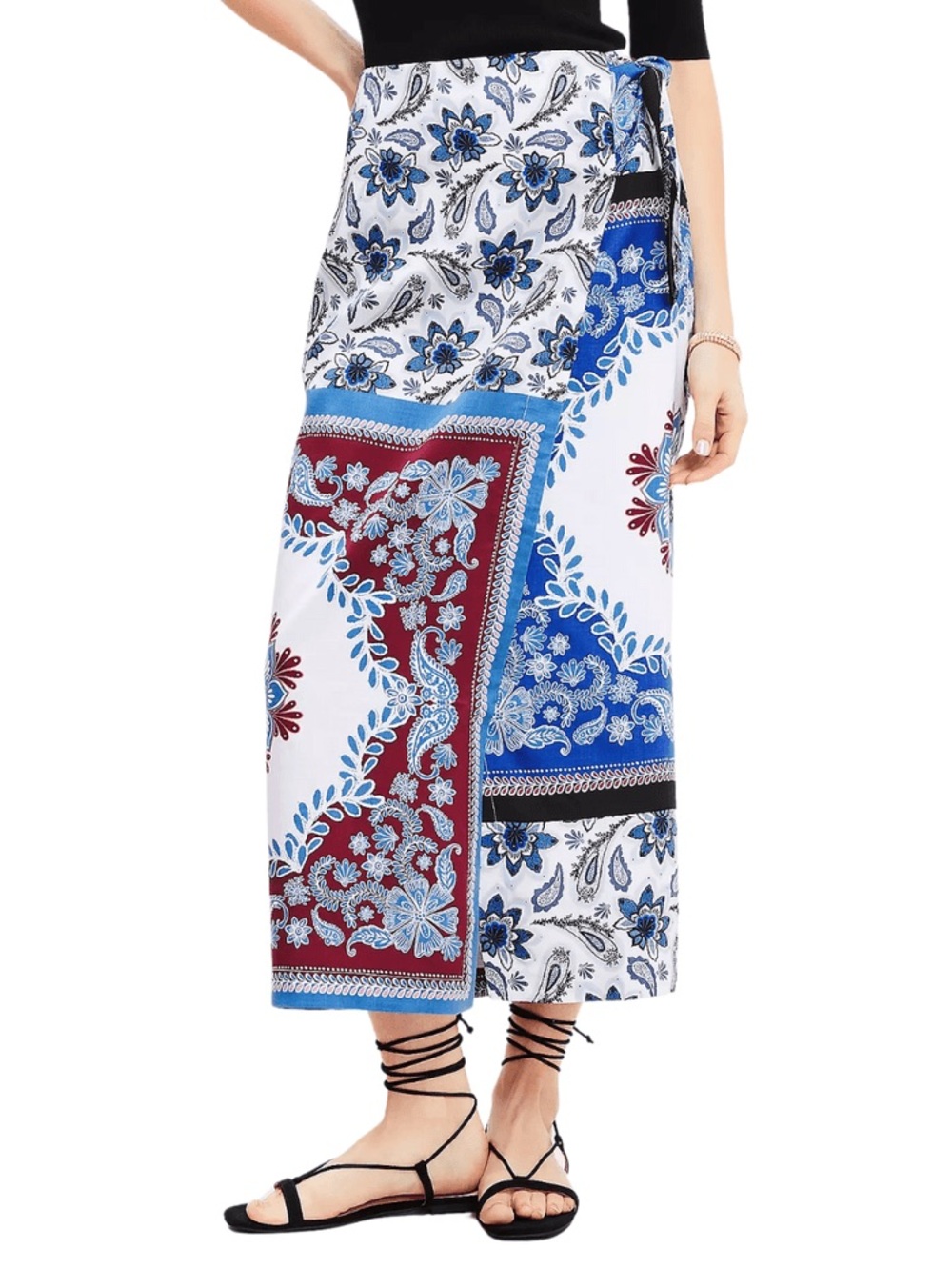 LOFT White Maxi Wrap Skirt with Blue and Burgundy Patchwork Floral